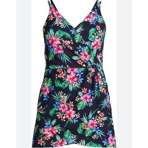 Lands End  Medium 10-12 Tulip hem Floral Swim Dress Navy Blue Tropical  surplice